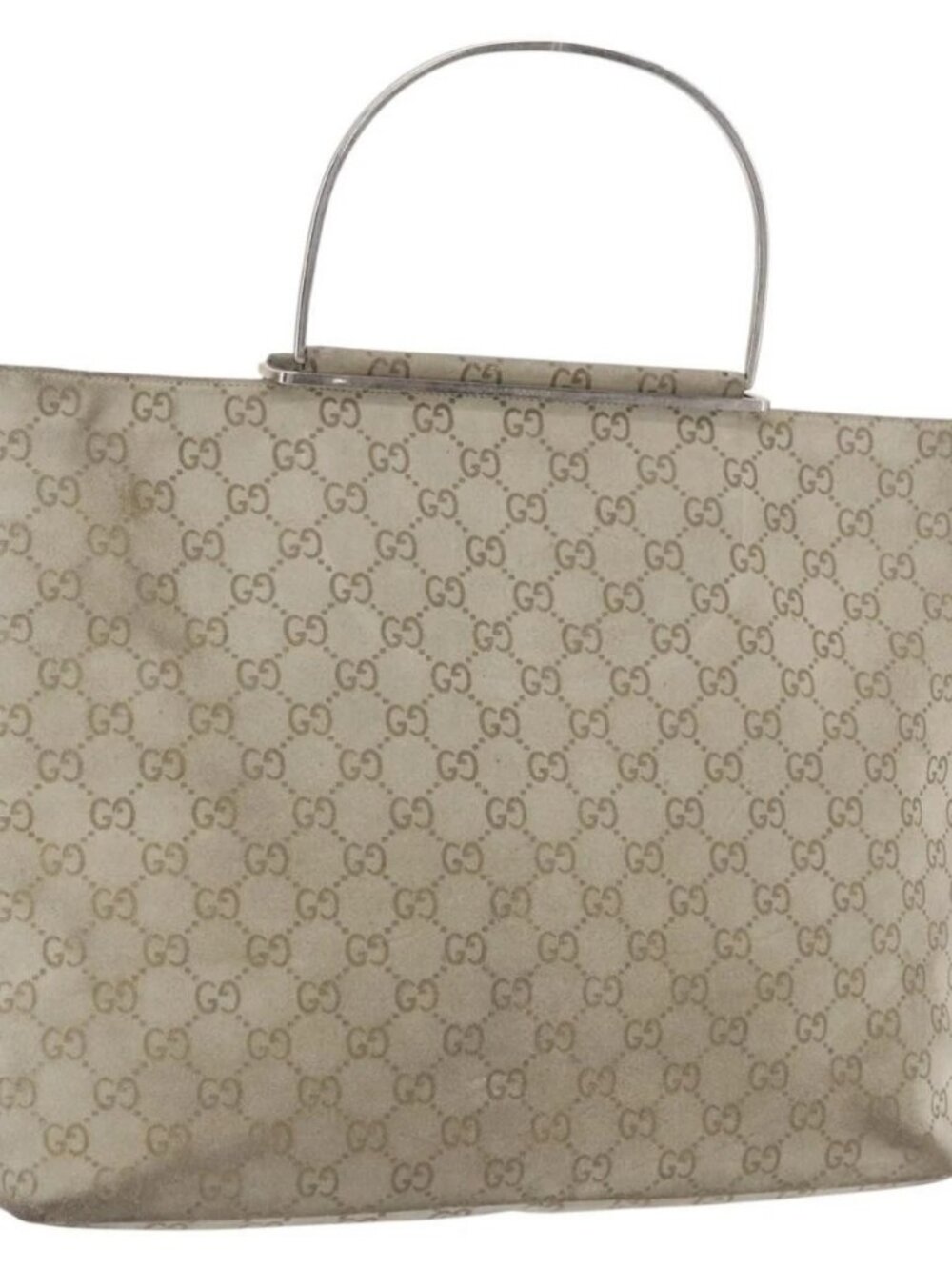 GUCCI GG Canvas Tote Bag Suede Beige Silver Auth 162462